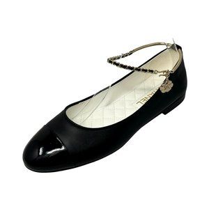 CHANEL 2022 Black Calfskin Ankle Chain Ballet Flats - IT 40/US 10